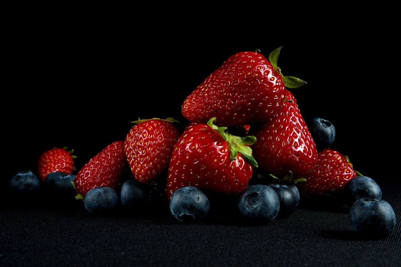 strawberries, blueberries, fruits